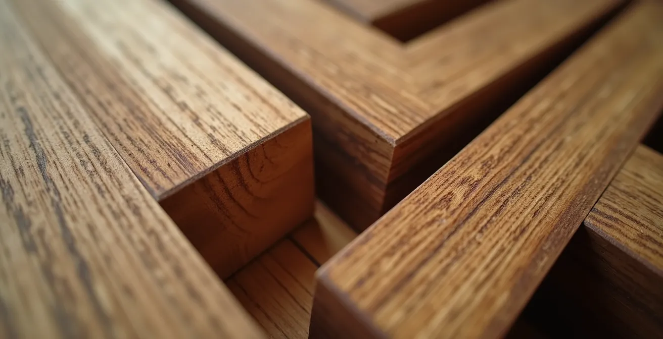 Gros plan sur une finition artisanale en bois haut de gamme, mettant en valeur la texture et la précision du travail manuel