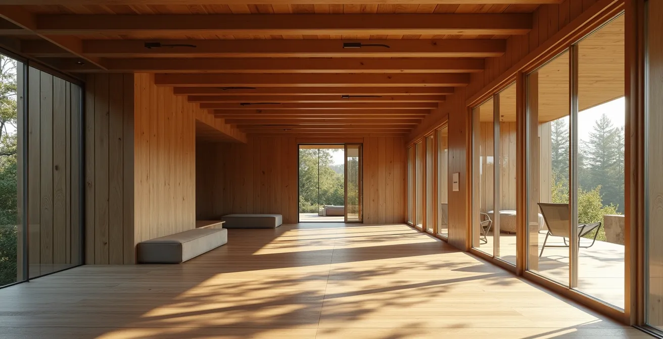 Vue architecturale d’une maison en bois noble avec dispositifs domotiques intégrés visibles dans un cadre harmonieux