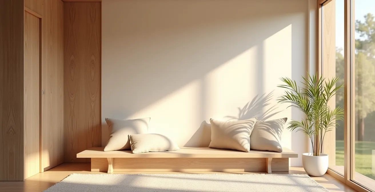 Intérieur d'une maison en bois de luxe avec lumière naturelle abondante et ambiance zen