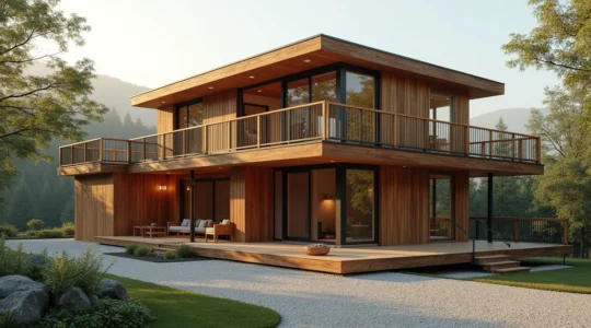 Maison à ossature bois haut de gamme avec architecture moderne et éclairage cinématographique, fond épuré avec espace négatif