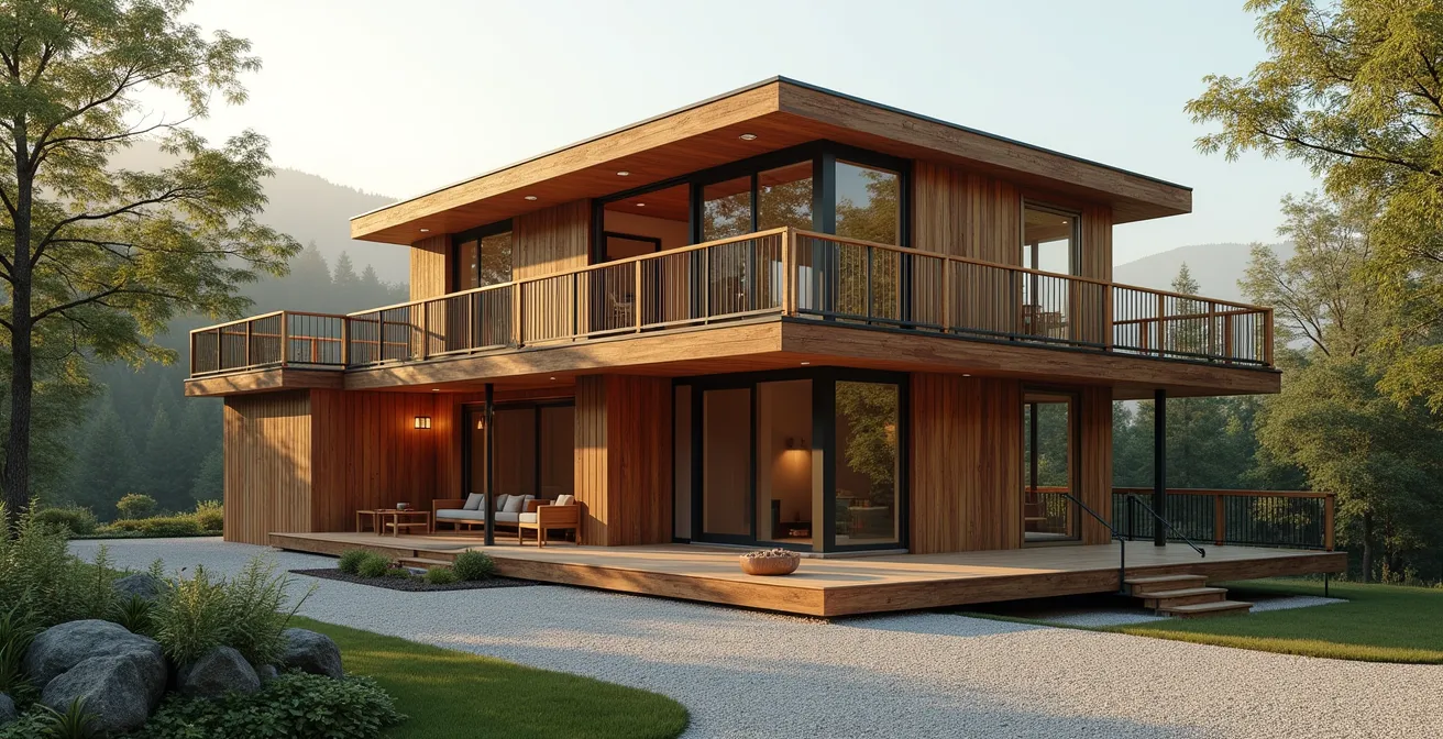 Maison à ossature bois haut de gamme avec architecture moderne et éclairage cinématographique, fond épuré avec espace négatif