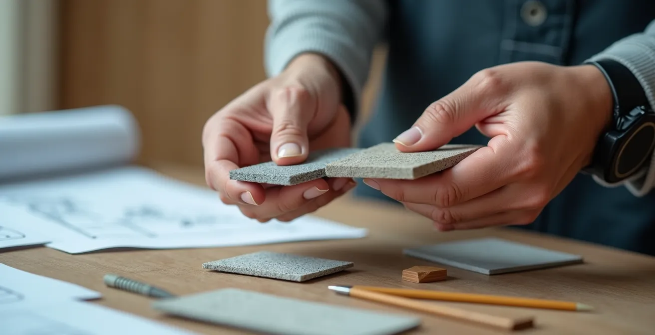 Mains d'architecte examinant des échantillons de matériaux de construction