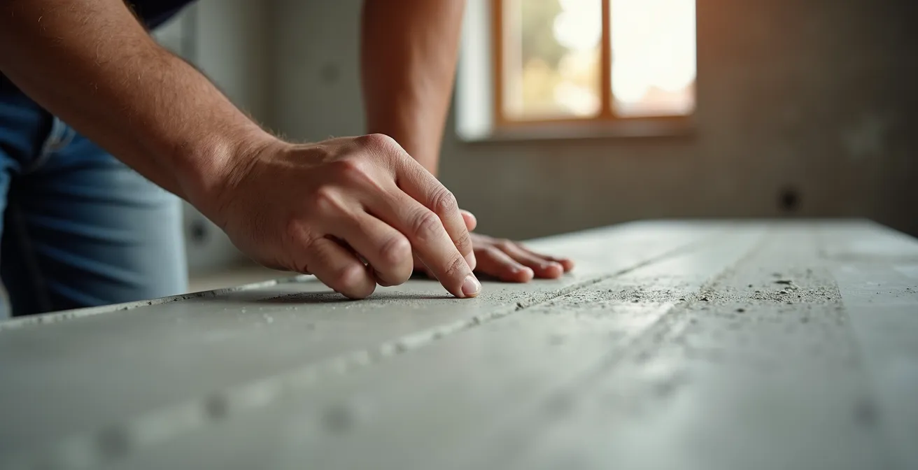 Mains d'expert examinant la qualité d'une surface de construction