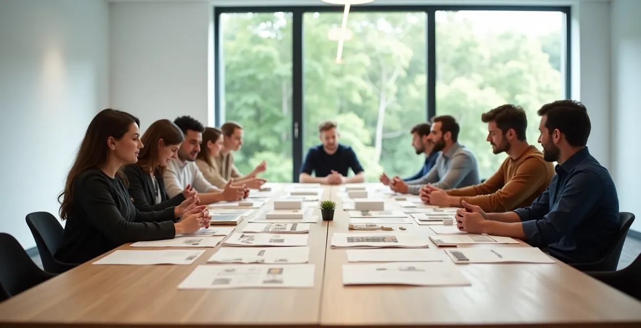 Réunion collaborative autour de plans de construction avec équipe projet