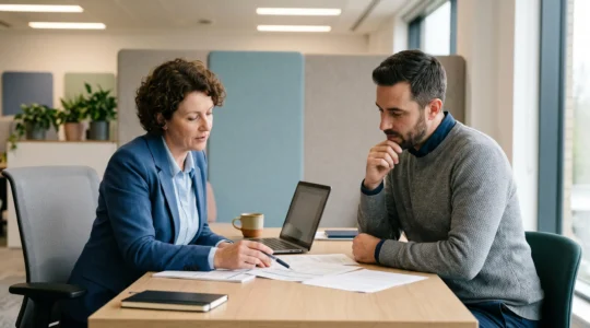 Un conseiller bancaire discute avec un client autour de documents de crédit immobilier sur un bureau lors d'une consultation professionnelle.